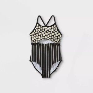Girls' Daisy Print Front-Cut One Piece Swimsuit - art class- Black